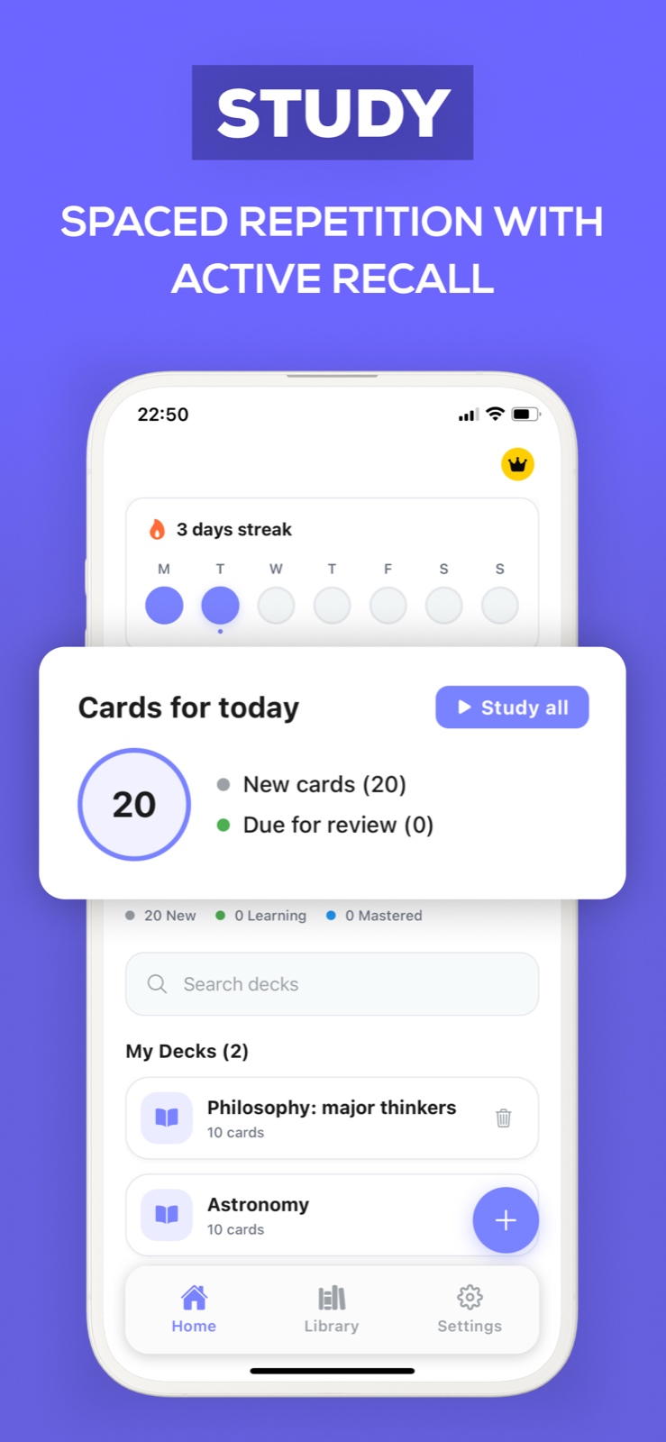 AI Flashcards iOS app showing spaced repetition algorithm