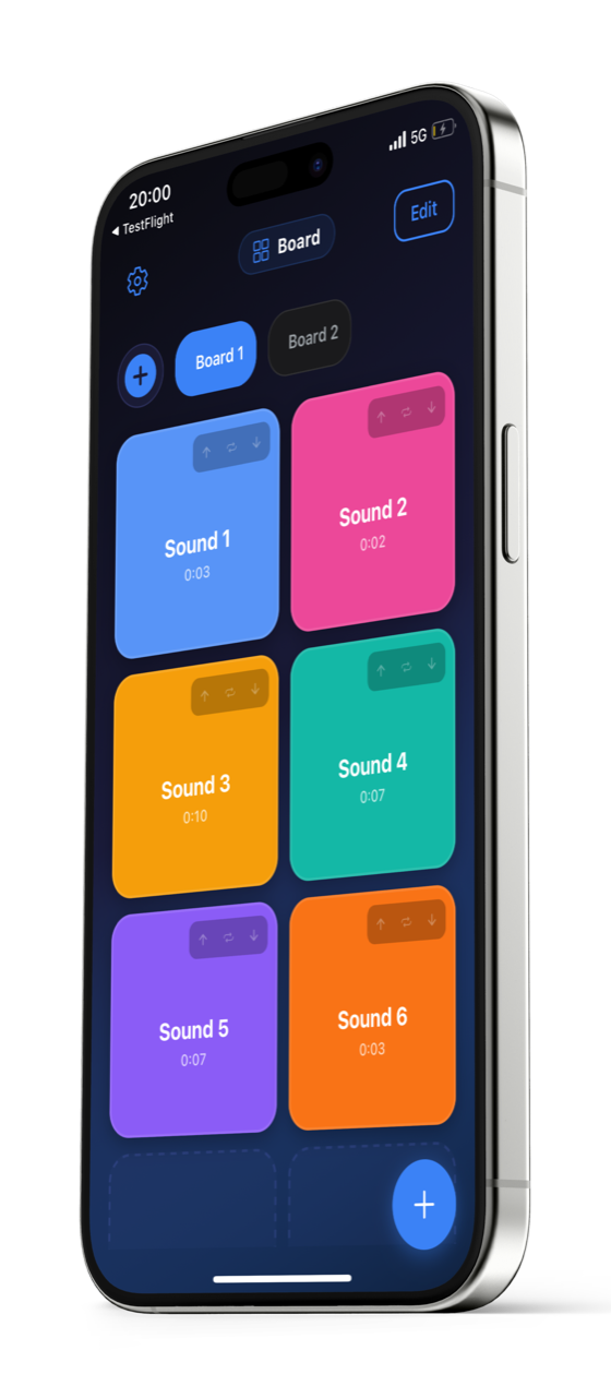 Sound Board - Audio Buttons iOS app running on iPhone showing main soundboard interface